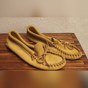 Minnetonka Mustard Suede Moccasins